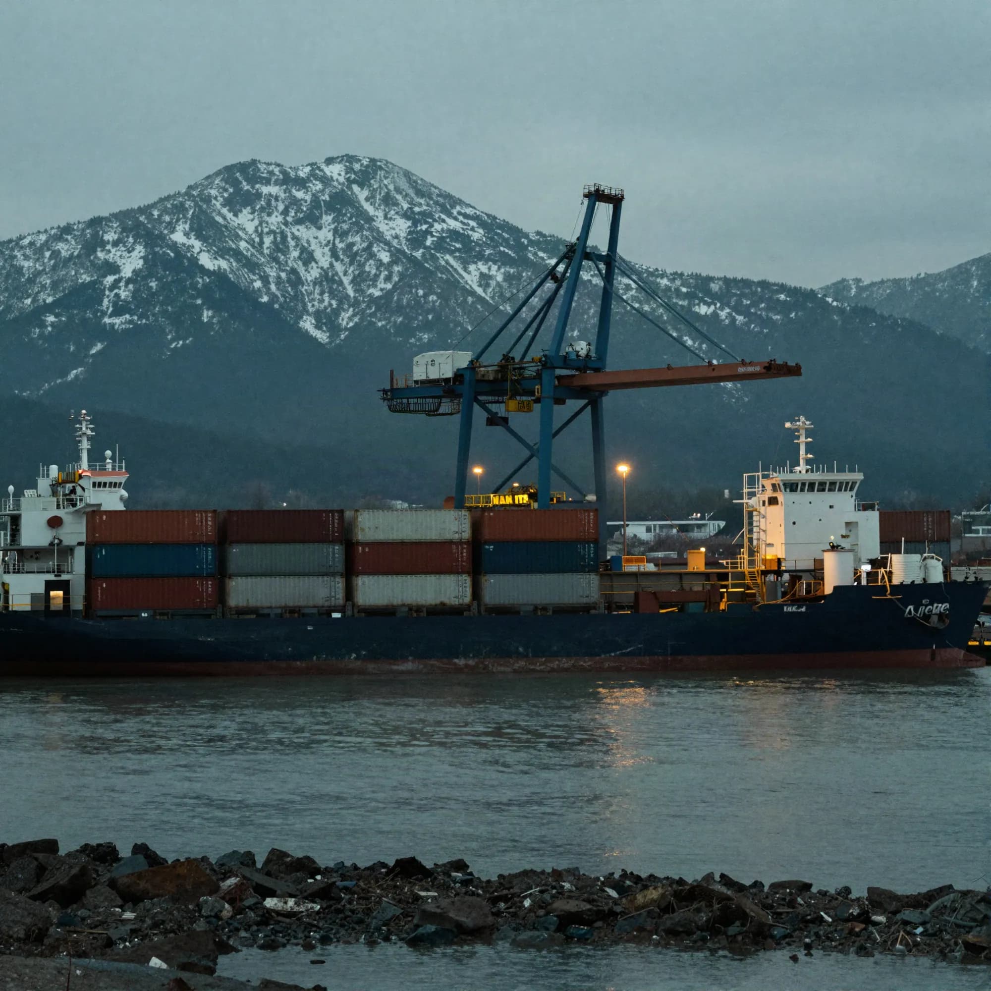 A container crane standing over a shipping port