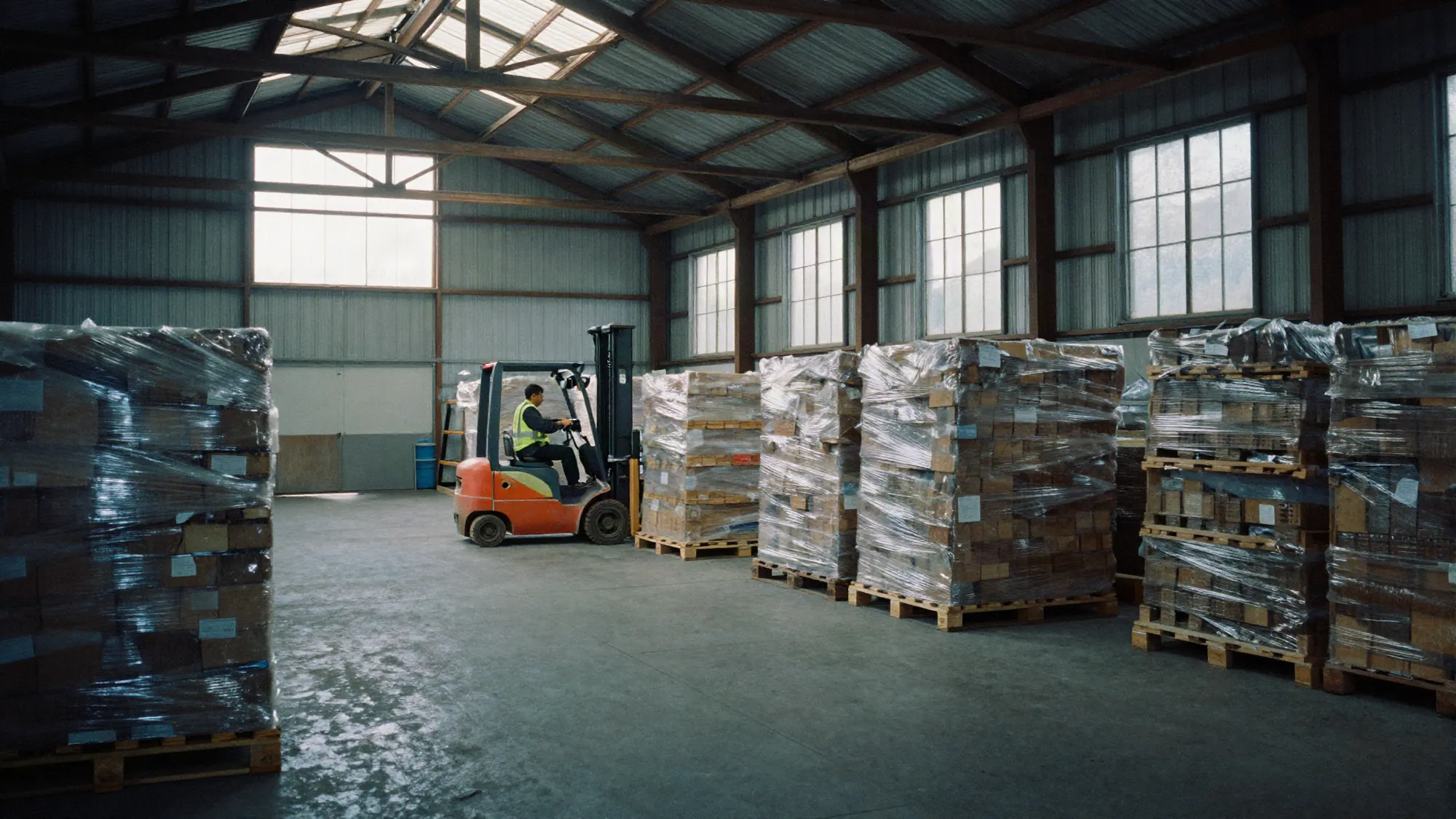 Inside a warehouse with stacked pallets and a forklift