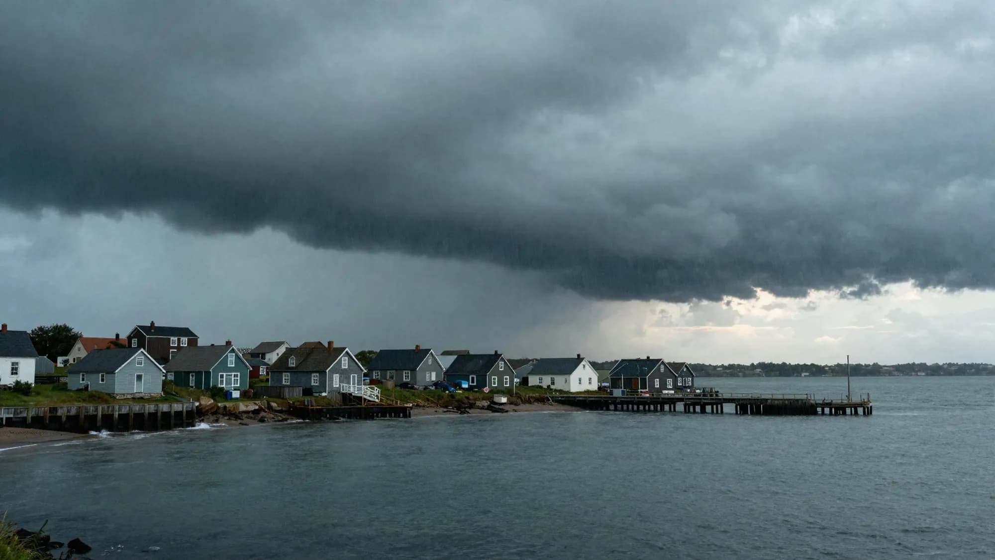 Storm clouds gathering over a waterfront town