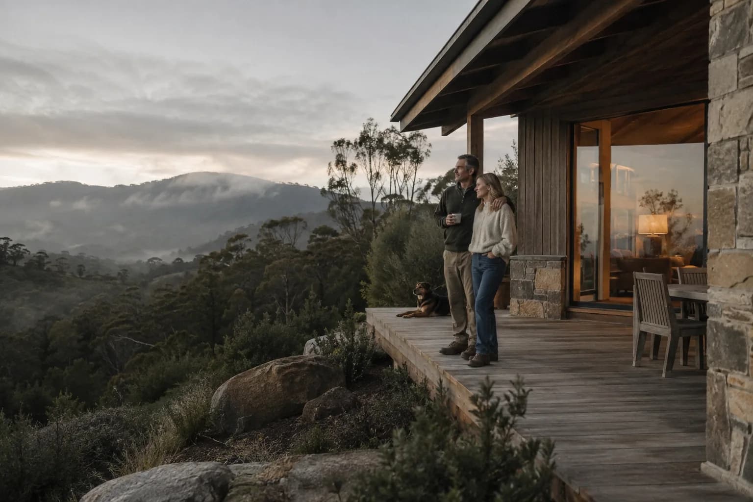 A couple sitting on the verandah of a timber home in the hills