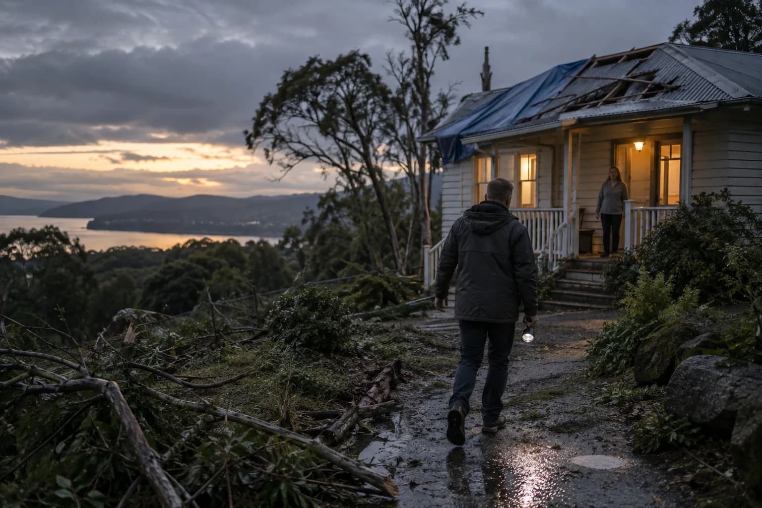A broker with a torch walking up to a storm-damaged house where the owner waits on the porch