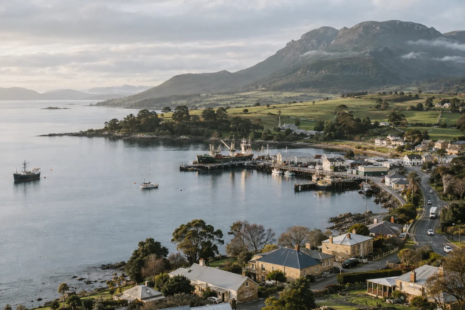 Aerial view of a Tasmanian harbour town with homes, a coastal road, boats and farmland