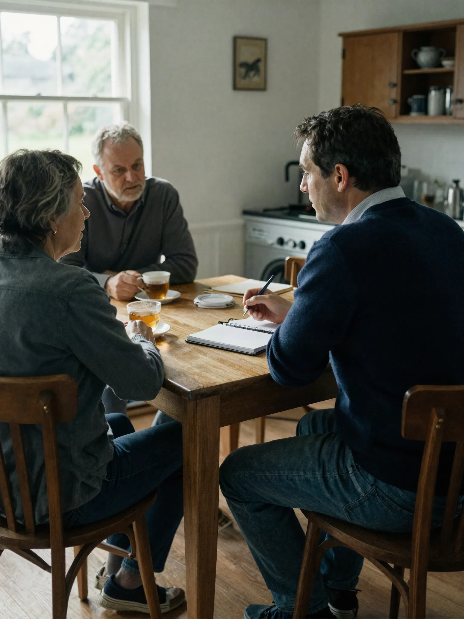A broker listening to a couple at their kitchen table